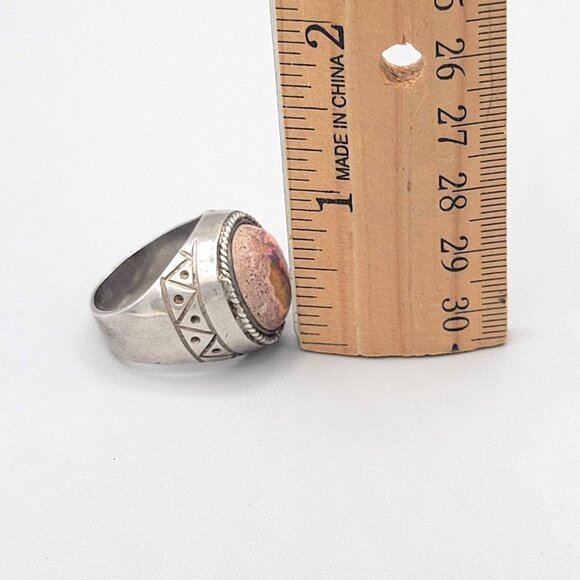 Mexican Cantera Fire Opal Mens Ring Sterling Silver Twisted Rope Border 9 3/4 - Picture 11 of 11